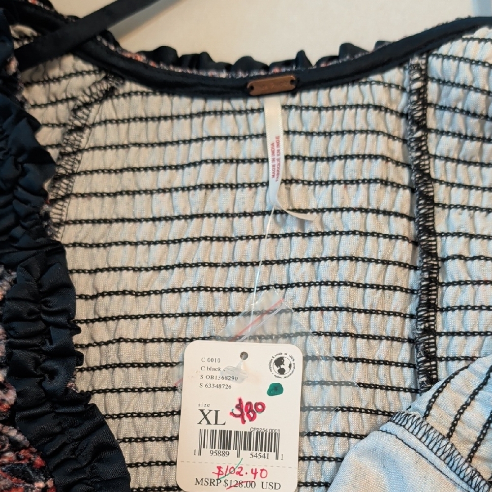 Free People Black and Pink Paisley Smocked Blouse - Picture 2 of 6